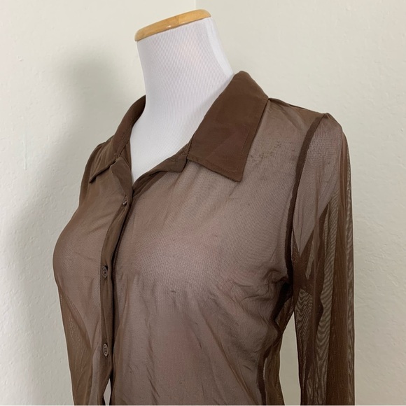 Le Lis Long sleeve semi sheer mesh collared button up chocolate brown top blouse - Picture 4 of 14